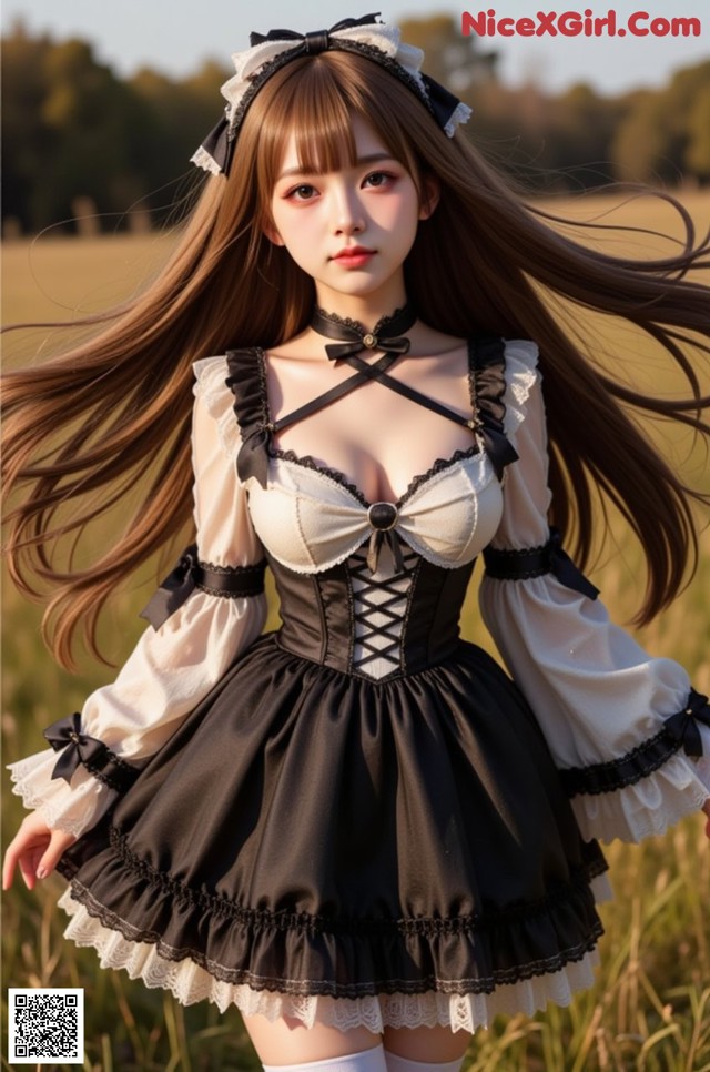 a woman in a black and white dress standing in a field