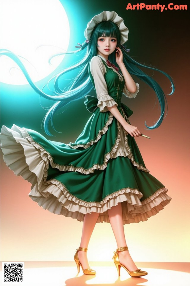 A girl in a green dress and hat is holding a cigarette.