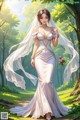 A woman in a wedding dress standing in a forest.